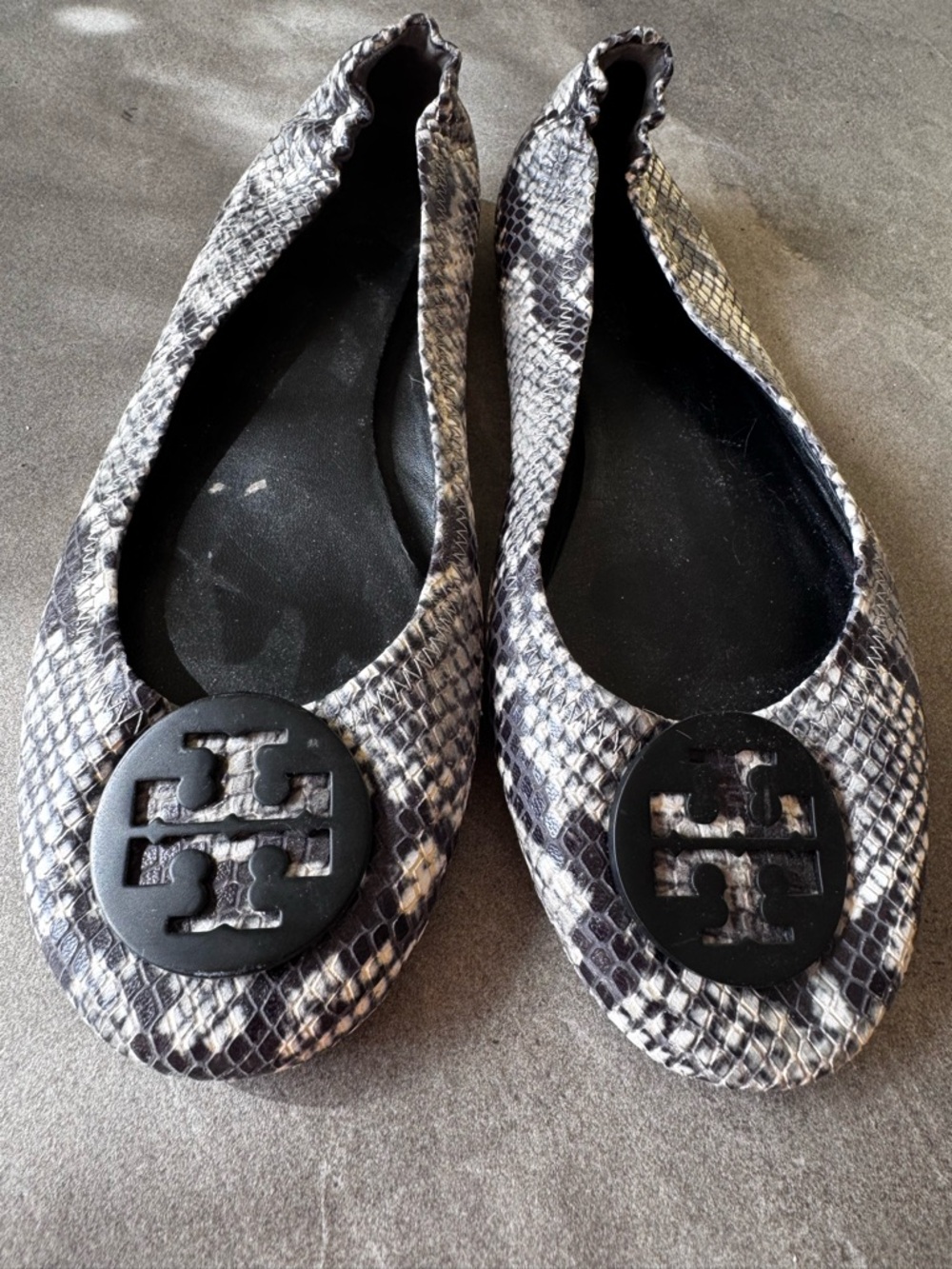 Tory Burch Snake-Print Ballet Flats in Black and Gray with Logo Medallion - Picture 2 of 10